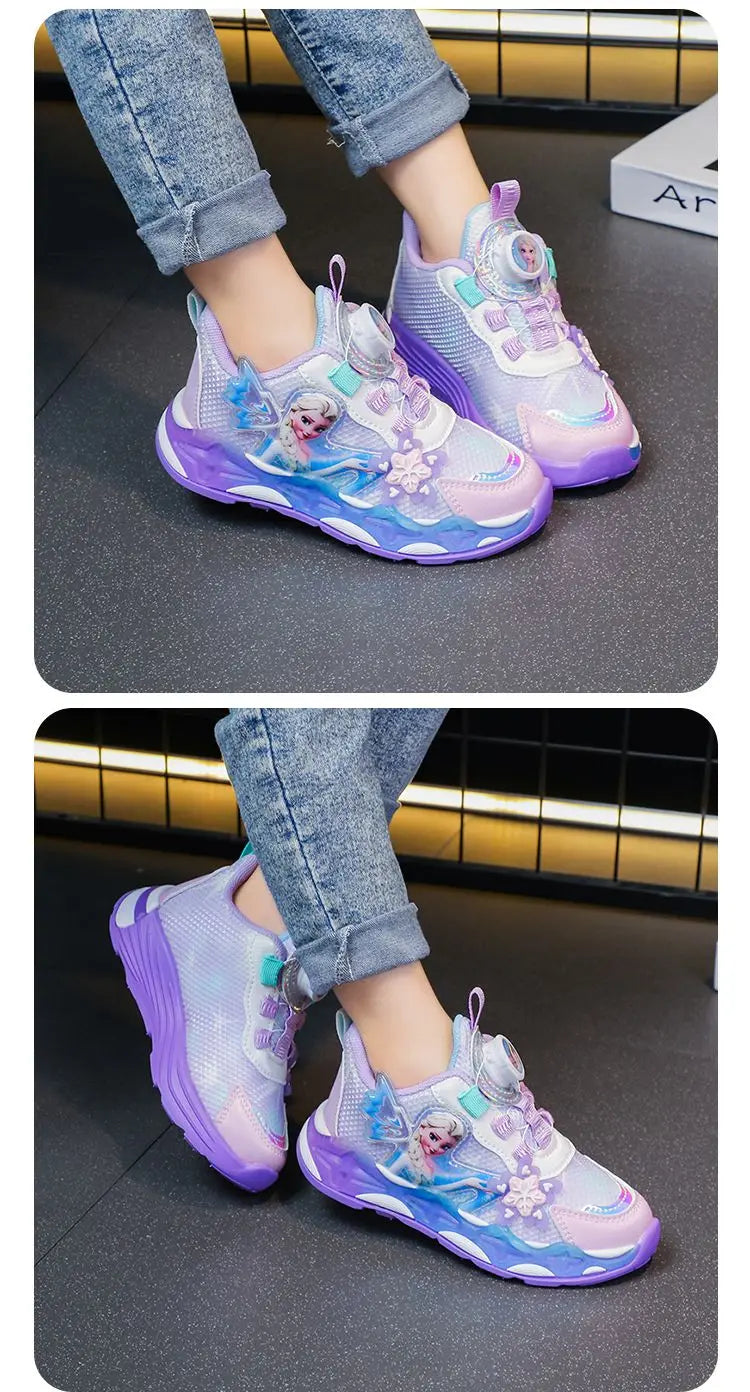 Disney LED Casual Sneakers Spring Girls Frozen Elsa Princess PU Leather Shoes Children Lighted Non-slip Pink Size 23-35