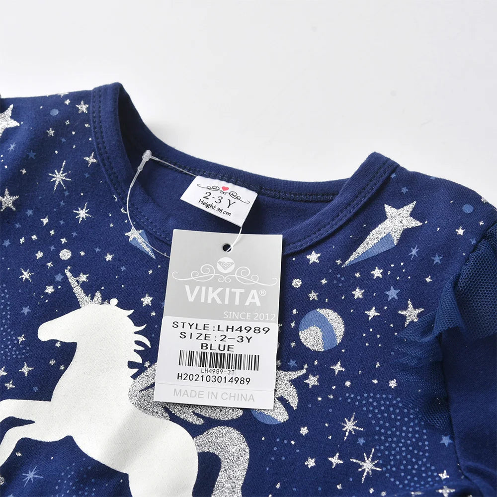 Girls Navy Blue Starry Glitter Elegant Tutu Dress Toddlers Kids Silver Unicorn Ruffled Shoulders Fantasy Party Princess Vestidos