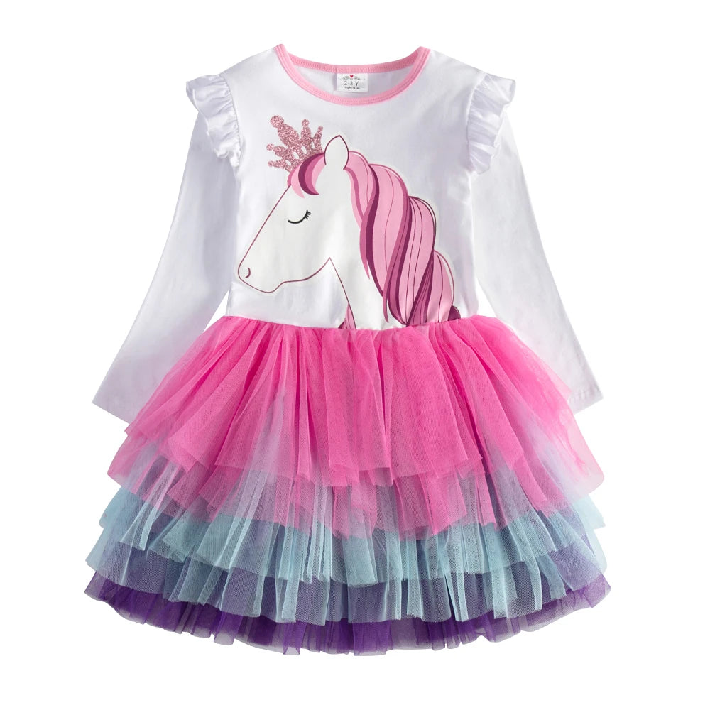 Girls Unicorn Print Long Sleeve Autumn Spring Dress with Tiered Tulle Mesh Tutu Skirt Kids Gradient Glittery Princess Frocks