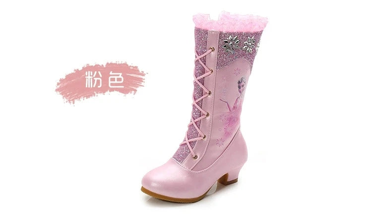 Disney Girls High Heel Boots Winter Children's Long Sleeved Plush Snow Warm Boots Princess Elsa Pink Blue Boots Size 27-37