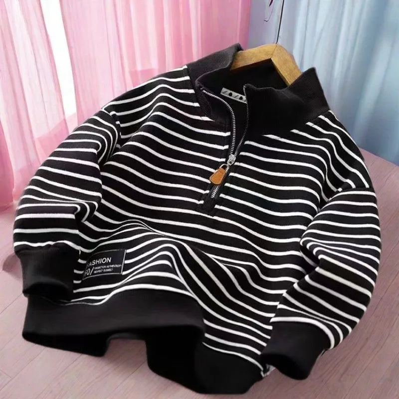 2025 New Boys' Medium-Large Lightweight Autumn Polo-Style Sweatshirt - Striped Half-Zip with Stand Collar & Lapel Top