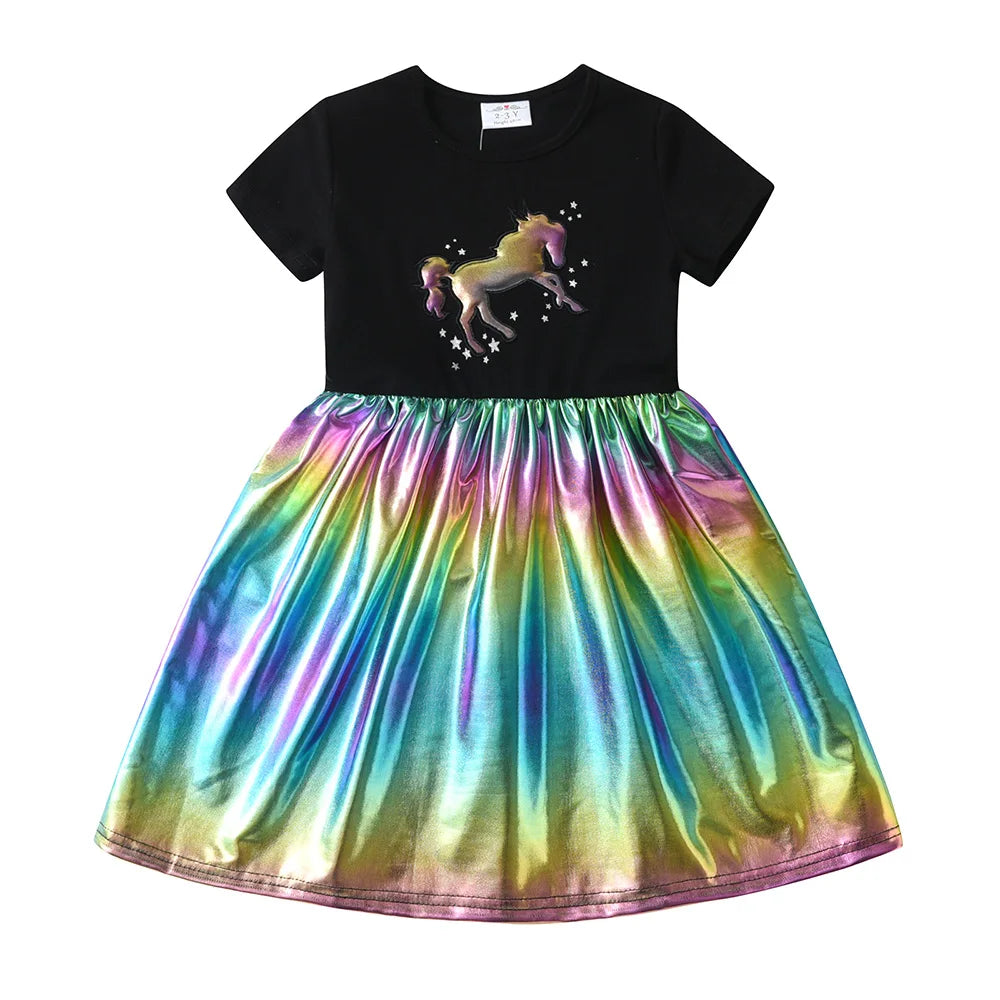 VIKITA Girls Unicorn Cartoon Dress Kids Short Sleeve Summer Dresses Girls Casual Shiny Patchwork Infantil Vestidos Kids Clothes