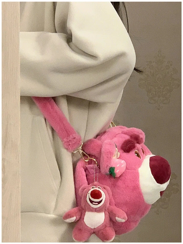 Disney Strawberry Bear New Girl Plush Shoulder Messenger Bag Cartoon Cute Girl Handbag Fashion Trend Plush Girl Bag High Quality