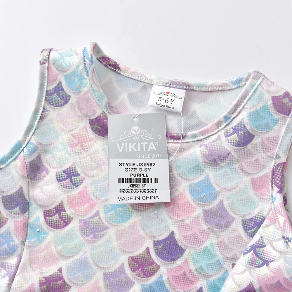 VIKITA Girls Sleeveless Dress for Summer Kids Polyester Dresses for 4-12 Years Girls Mermaid Print A Line Casual Princess Dress