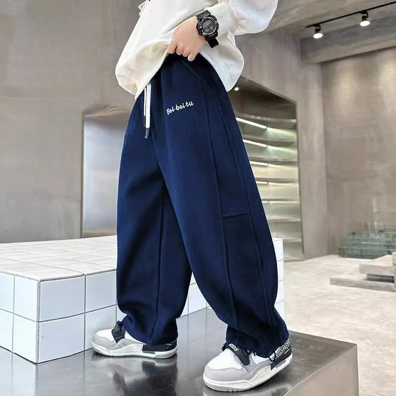 2025 New Style Boys Wide-Leg Sports Pants for 8-14 Years Kids Spring Autumn Kids Sweatpants Stylish Loose Fit Breathable Cotton