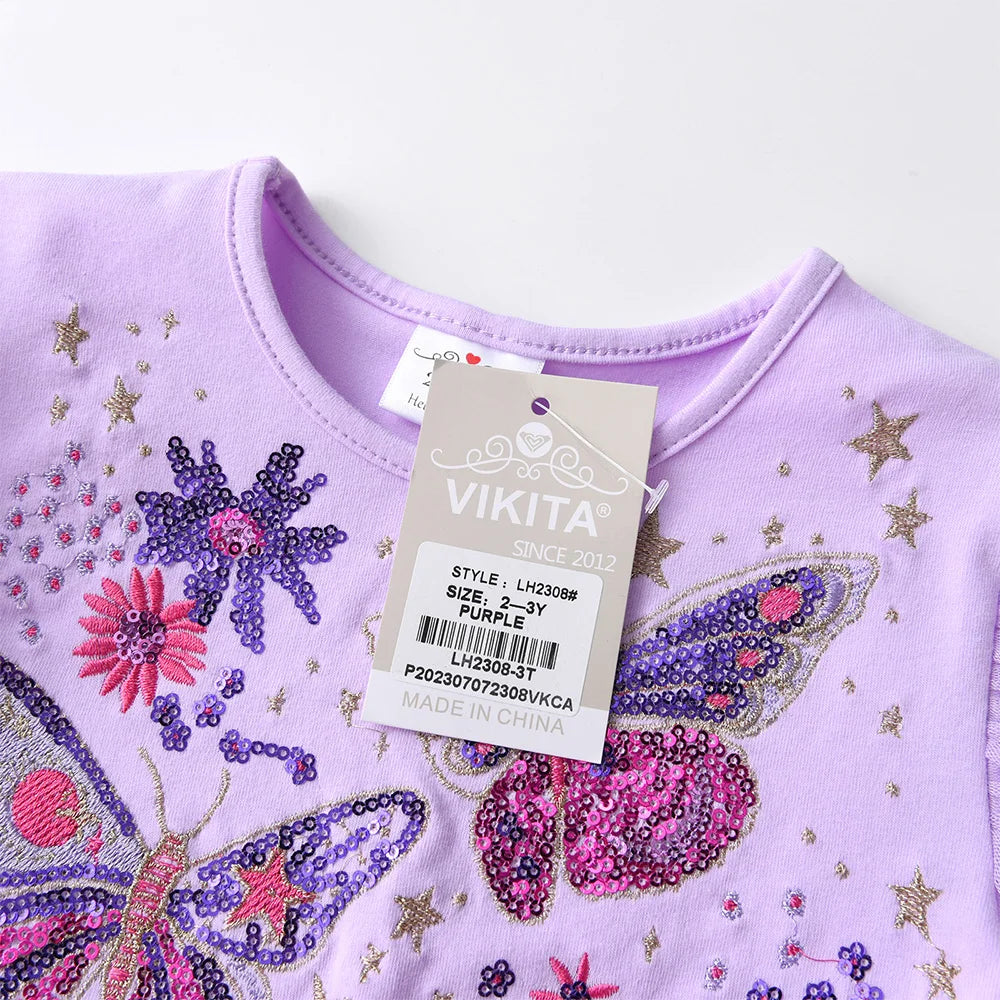 VIKITA Winter Princess Dress Flying Sleeve Children Birthday Party Costumes Cake Layer Tutu Kids Dress Butterfly Sequin  Clothes