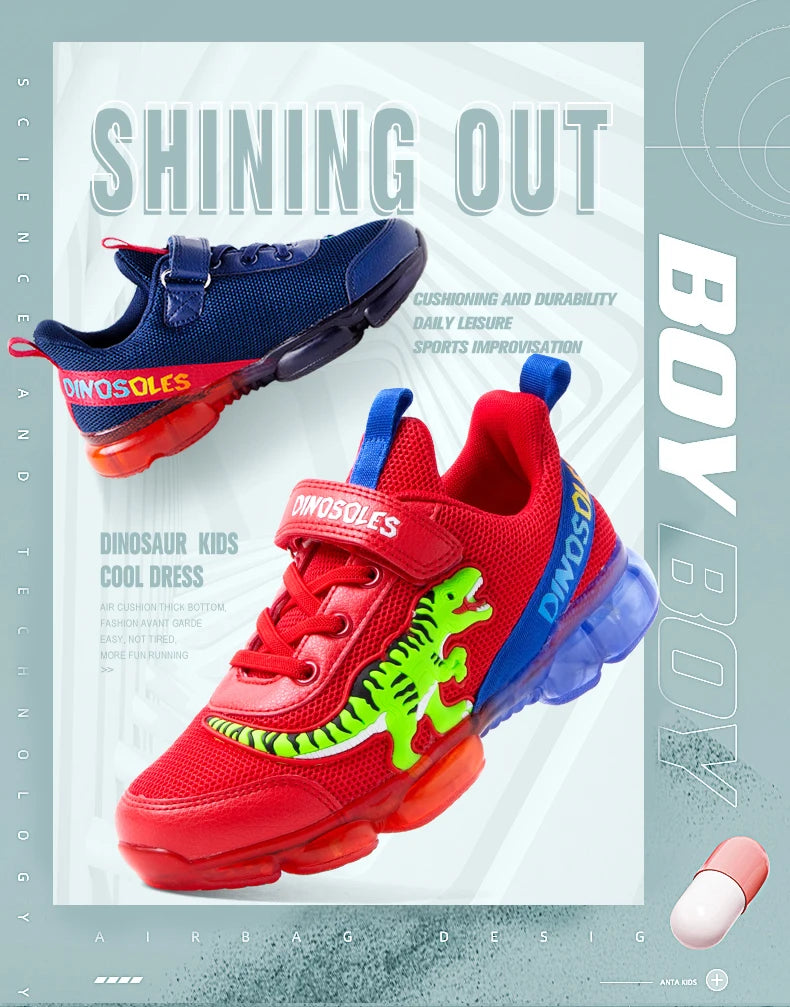 EXDINO T-REX LED 2-9Y Boys Spring Autumn Mesh Tennis Shoes Glowing Children's Kids Flashing Jelly Sole Light Up Casual Sneakers