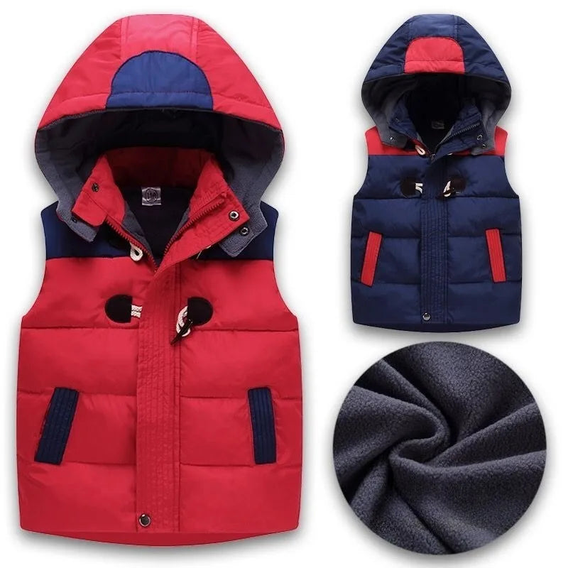 Kids' Autumn Winter Thickened Cotton Hooded Vest with Detachable Hood Soft Lambswool Lined Stand Collar Outerwear for Boys