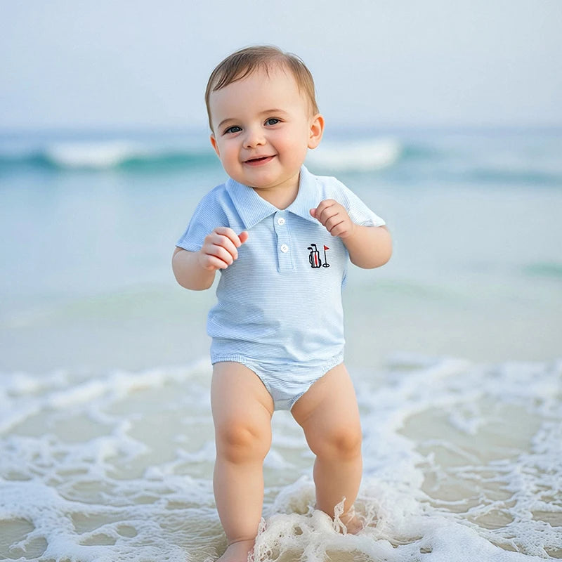 Infant Boy Jumpsuit Stylish Short Sleeve Striped Romper with Turn-down Collar and Embroidery Detail for Everyday Wear