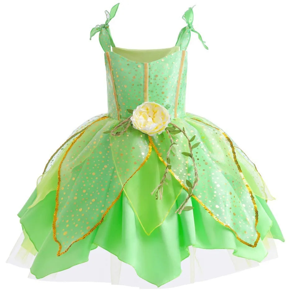 Disney Classic Elf Movie Tinker Bell Girls Play Fairy Dress Green Suspender Skirt With Wings and Flower Christmas Gift for Girls