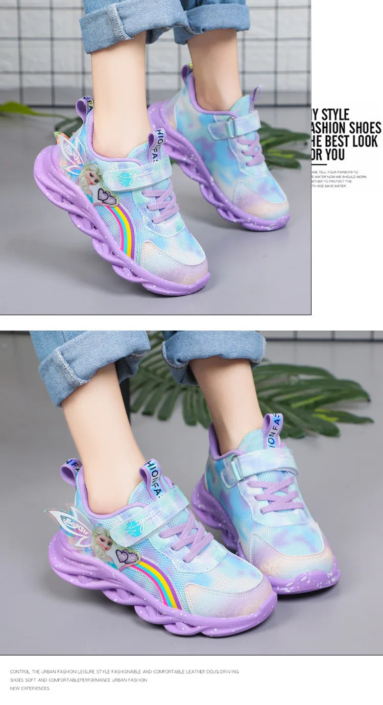 Disney Girls' Casual Shoes Led Lights Mesh Breathable Children's Sports  Princess Elsa Pink Purple Shoes Sneakers Size 22-37