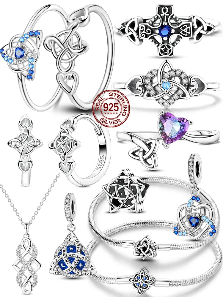 925 Sterling Silver Original Celtic Knots Charms Bead Earrings Ring Bracelet Necklace Series Jewelry Set For Women Men DIY Gift