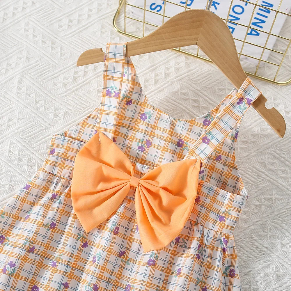 (0-3 Years Old) Summer Baby Girl Cotton Plaid Flower Suspender Dress Cute Bow Beach Dress With Hat