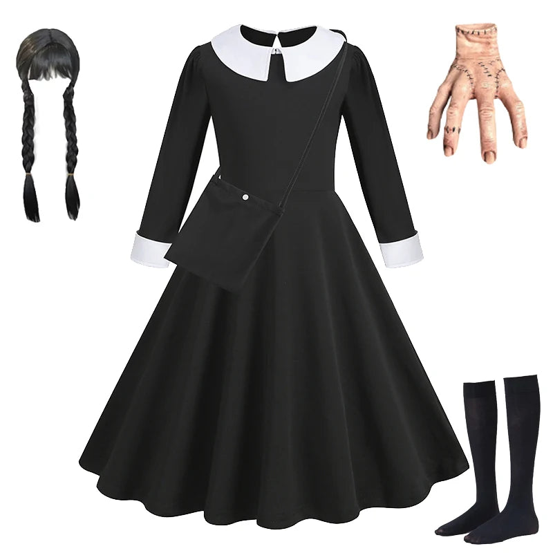 Girls Wednesday Black Gown Vestidos Halloween Addams Cosplay Toddler Youth Gothic Party Dress Kids Carnival Party Kid Vestidos