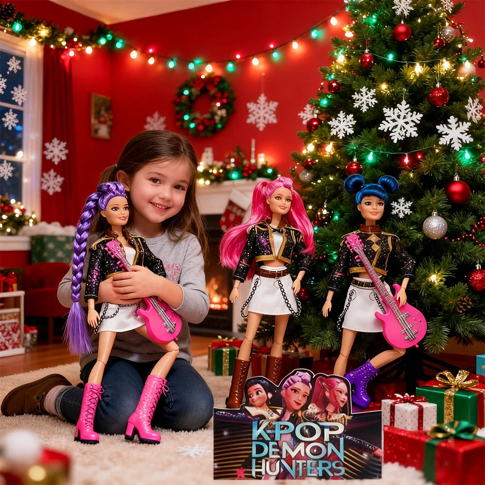 %%Christmas Gift Doll Anime K-Pop Demon Hunters Doll Rumi/Mira/Zoey Toy with Pink Guitar Colorful Light-Up Feature & Theme Song