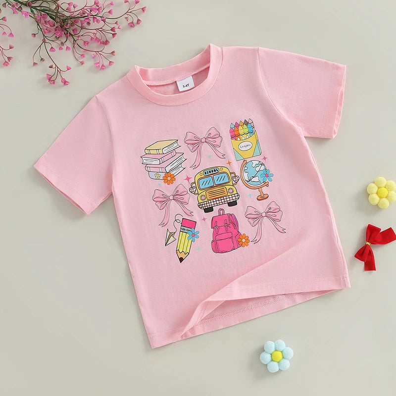 Girls Short Sleeve Crew Neck T-Shirt with Fun School Print Loose Fit Top for Spring and Summer Cute and Comfortable