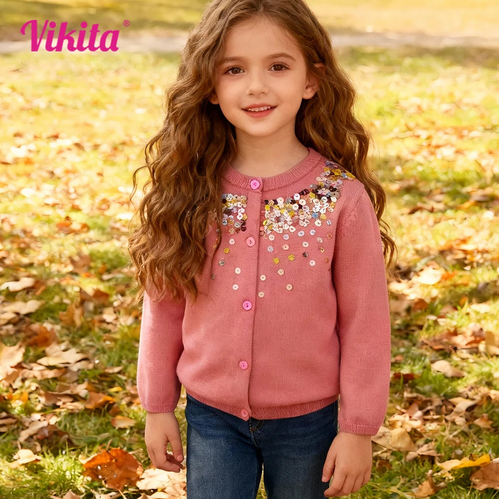 VIKITA Toddlers Sequined Appliqued Autumn Spring Cardigans Kids Button Outfits Girls Casual School Daily Street Fashion Sweaters