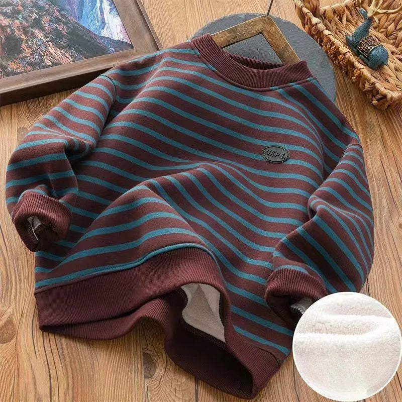 Boys' Striped Fleece-Lined Thickened Long Sleeve Sweatshirt 2025 Winter New Arrival Warm Base Layer Mid-Big Size Top