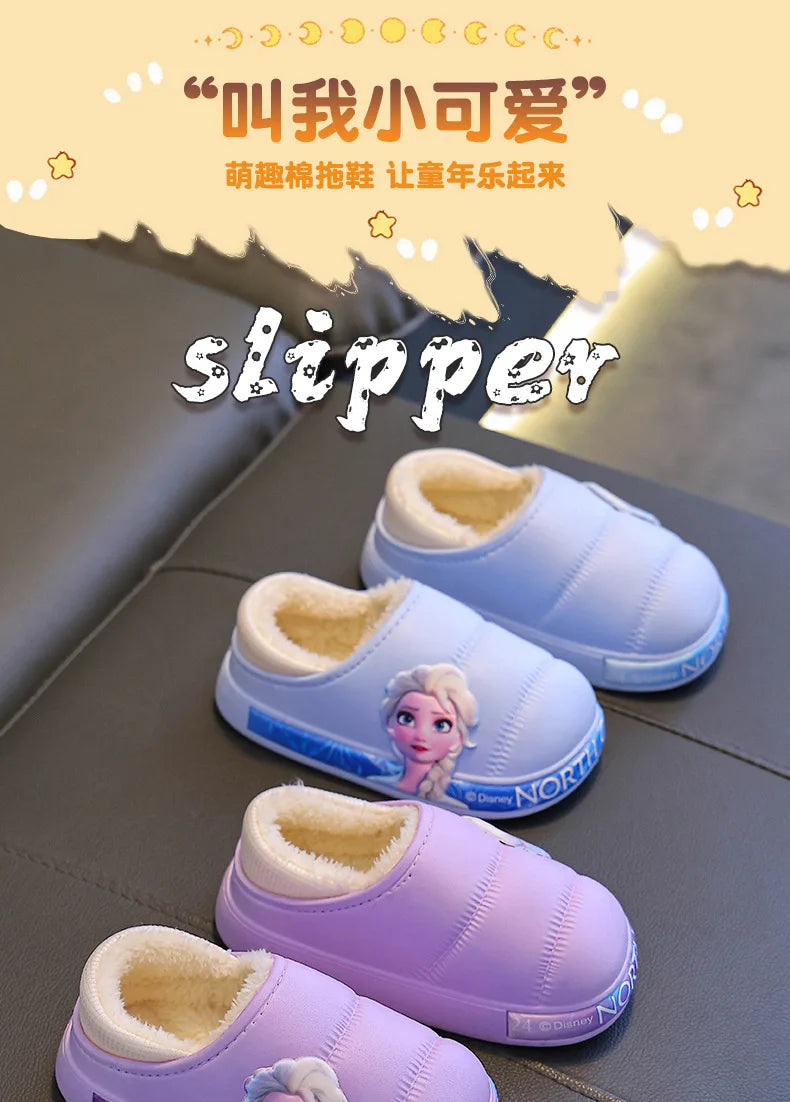 Disney Princess Elsa Girls' Cotton Frozen Winter Waterproof Wool Slippers Cartoon Parent Children's Blue Slippers Size 24-36