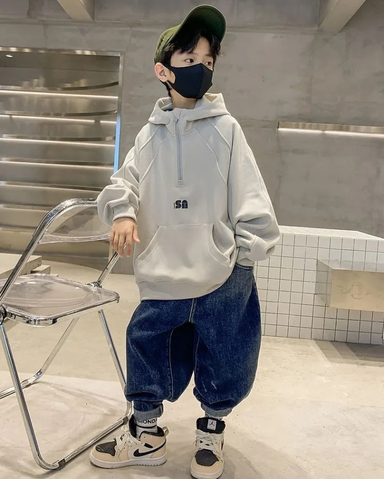 2025 New Boys' Mid-Large Spring-Autumn & Autumn-Winter Fleece-Lined Thickened Hooded Hoodie - Trendy Streetwear Boys' Top