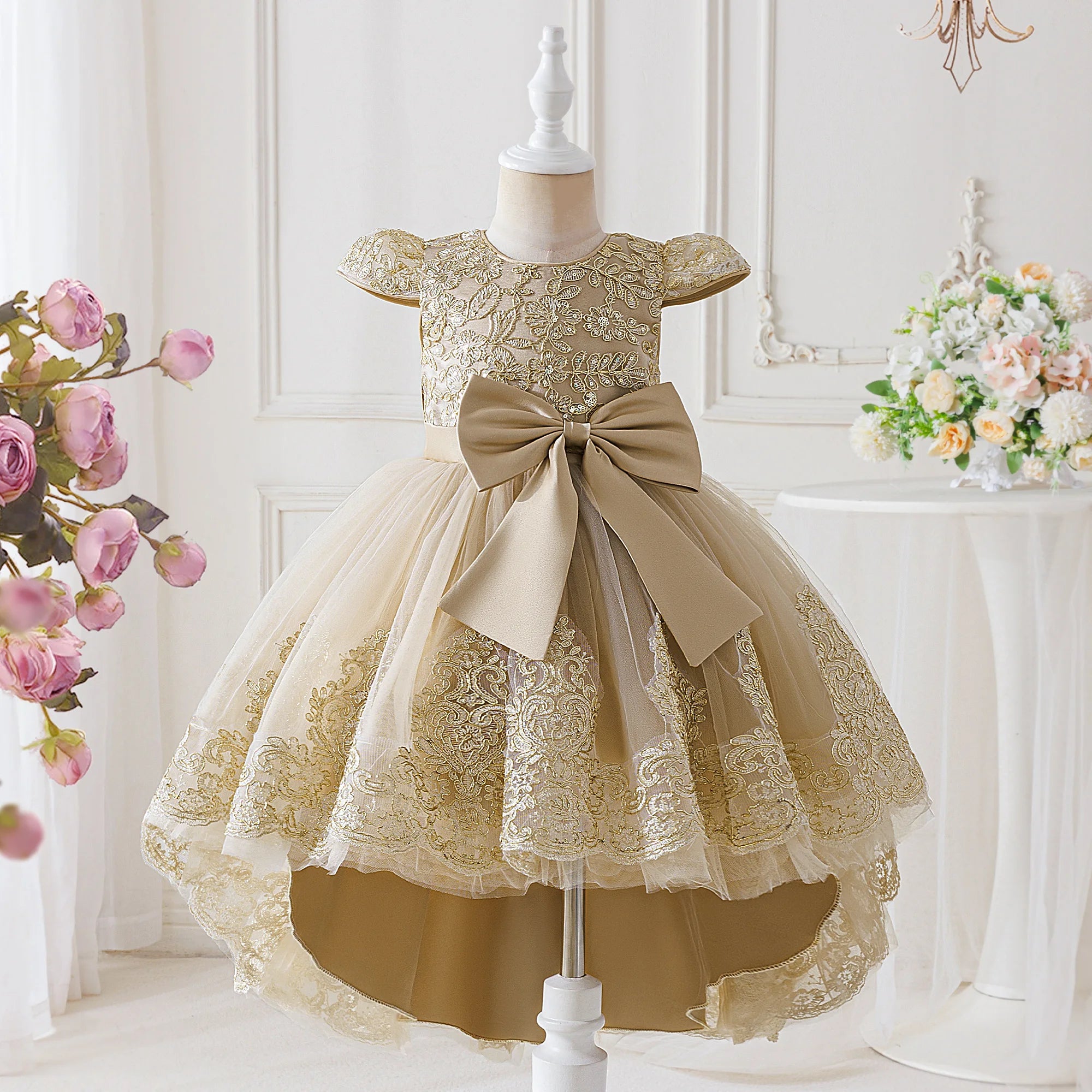 Elegant Embroidery Bow Bridesmaid Party Girls Dress Trailing Flower Wedding Birthday Princess Dresses Girl Evening Prom Vestidos