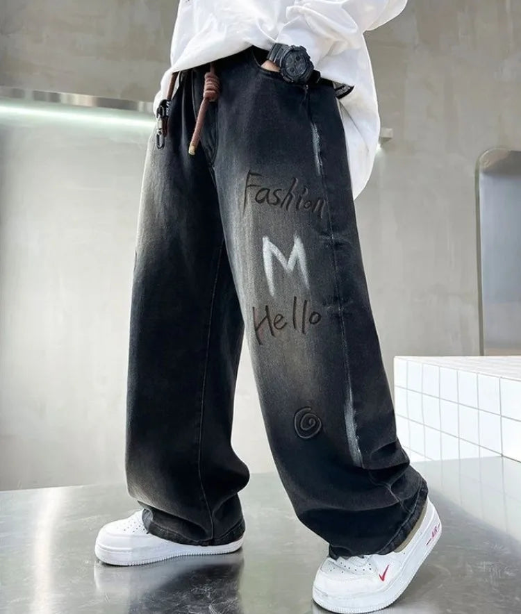 Boys' Trendy Streetwear Jeans for Spring/Fall - Loose Fit Straight-Leg Wide-Leg Denim Pants for Boys 8-14
