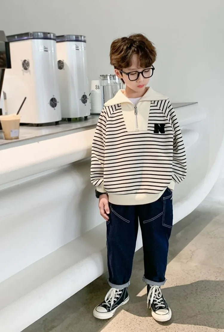 Boys' Medium-Large 2025 Spring/Autumn Korean Style Large Collar Black & White Striped No Hood Sweatshirt