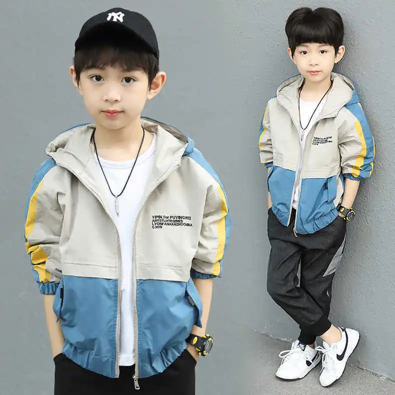 New Handsome Teenager Boys Hoodies Fashion Splicing Style Coat For Kids 3-12 Years Children Windbreaker Jacket