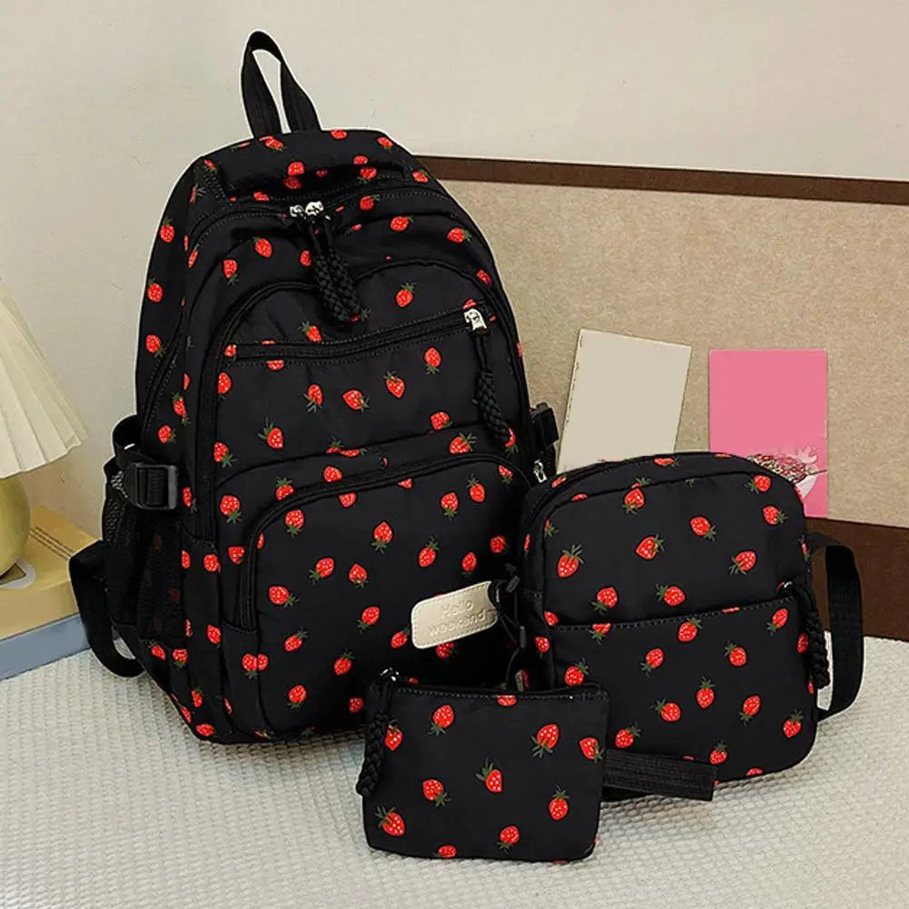Corduroy Backpack three piece set Strawberry Print Daily Casual Backpack Niche Large Capacity Commuting Light Backpack