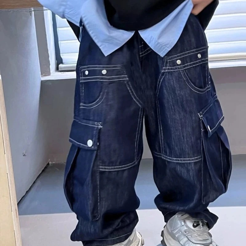 2025 New Boys' Solid Color Jeans - Loose Fit Straight Leg Kids' Long Pants with Pockets, Trendy & Stylish Denim for Active Boys