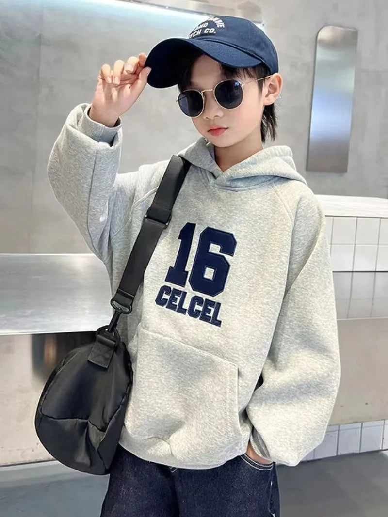 2025 Autumn Winter New Boys Mid-Large Size Fleece-Lined Hooded Sweatshirt - Stylish Boys Outerwear