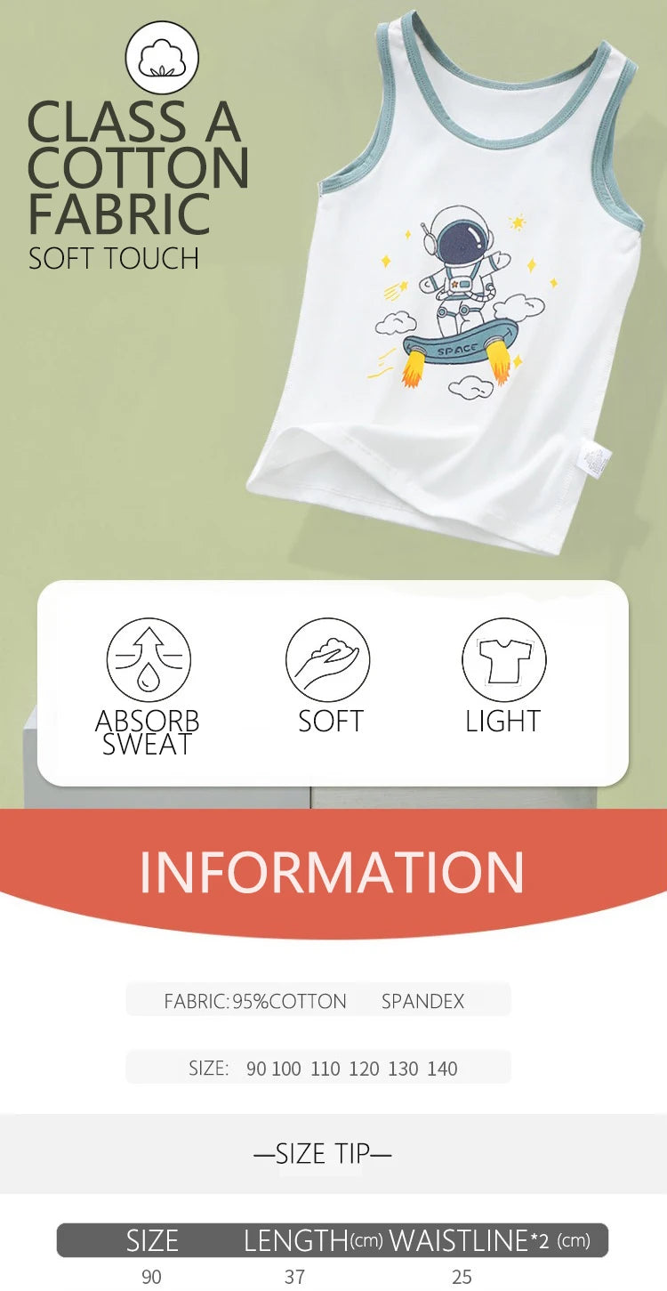 2025 Summer Kids Tanks Top Children's Vest Baby Underwear Clothing Cartoon Printed Top Cotton T-shirt Boys Sleeveless Tank 0-8 Y