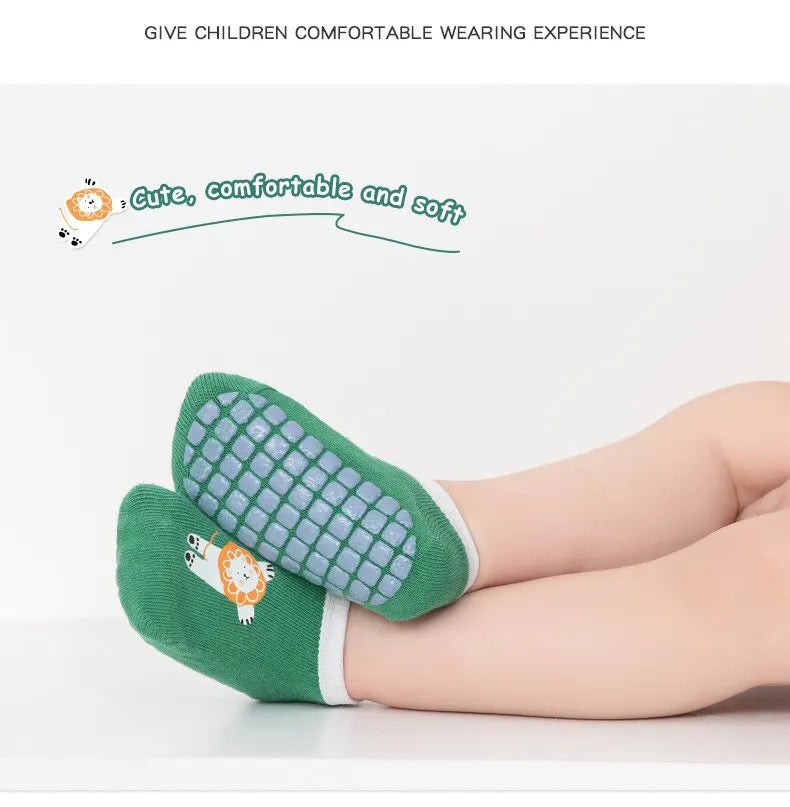 3Pairs Baby Non Slip Socks Cotton Casual Cartoon Print Boys Girls Toddler Floor Socks With Rubber Grips For 1-3Years