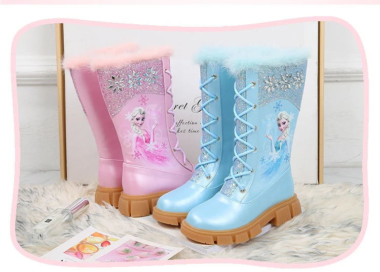 Disney Girls' Princess Elsa Frozen Boots Children's Long Sleeve Boots Women's Cotton Winter Plush Thickened High Sleeve Boots