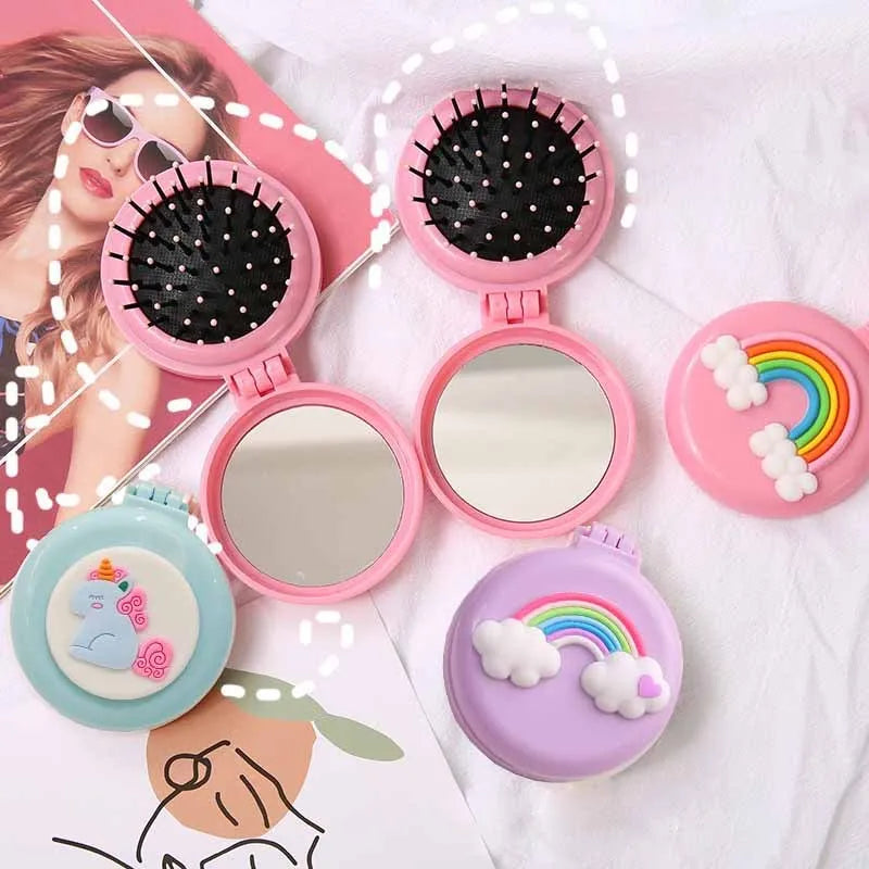Cute Folding Mini Pocket Hair Comb with Mirror for Women and Girls Round Hair Brush Compact Travel Size Hair Massage Comb
