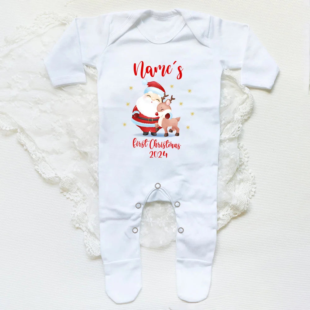 Personalised Baby's First Christmas Clothing Custom Name Baby Long Sleeve Romper Christmas Costume Baby's 1st Christmas Footies