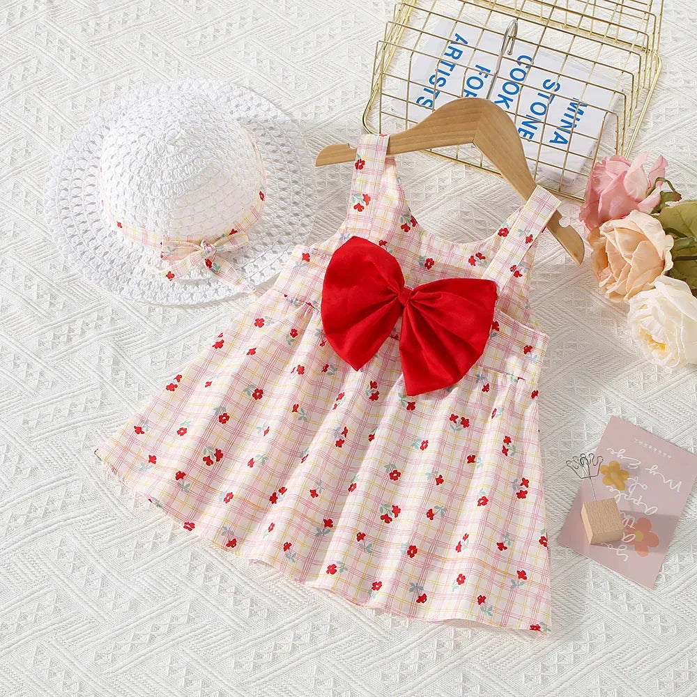 (0-3 Years Old) Summer Baby Girl Cotton Plaid Flower Suspender Dress Cute Bow Beach Dress With Hat
