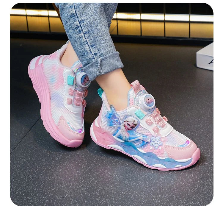Disney LED Casual Sneakers Spring Girls Frozen Elsa Princess PU Leather Shoes Children Lighted Non-slip Pink Size 23-35