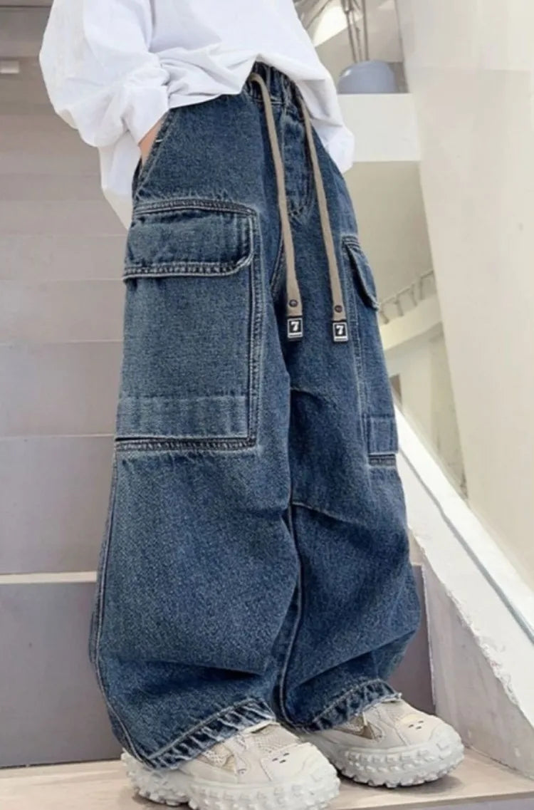 2025 New Boys Cargo Jeans Straight Wide Leg Spring Autumn Toddler Boys Big Boys Spring Fashion Jeans