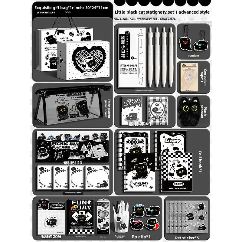 Black Kitten Stationery Set - Cute Cat School Supplies for Students, Aesthetic Pen & Pouch Back-to-School Kit