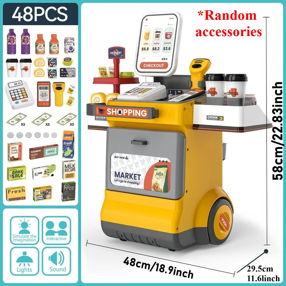 Cash Register Playset for Kids Pretend Play Shopping Money Calculator Scanner Credit Card Play Food for Boys Girls Birthday Gift