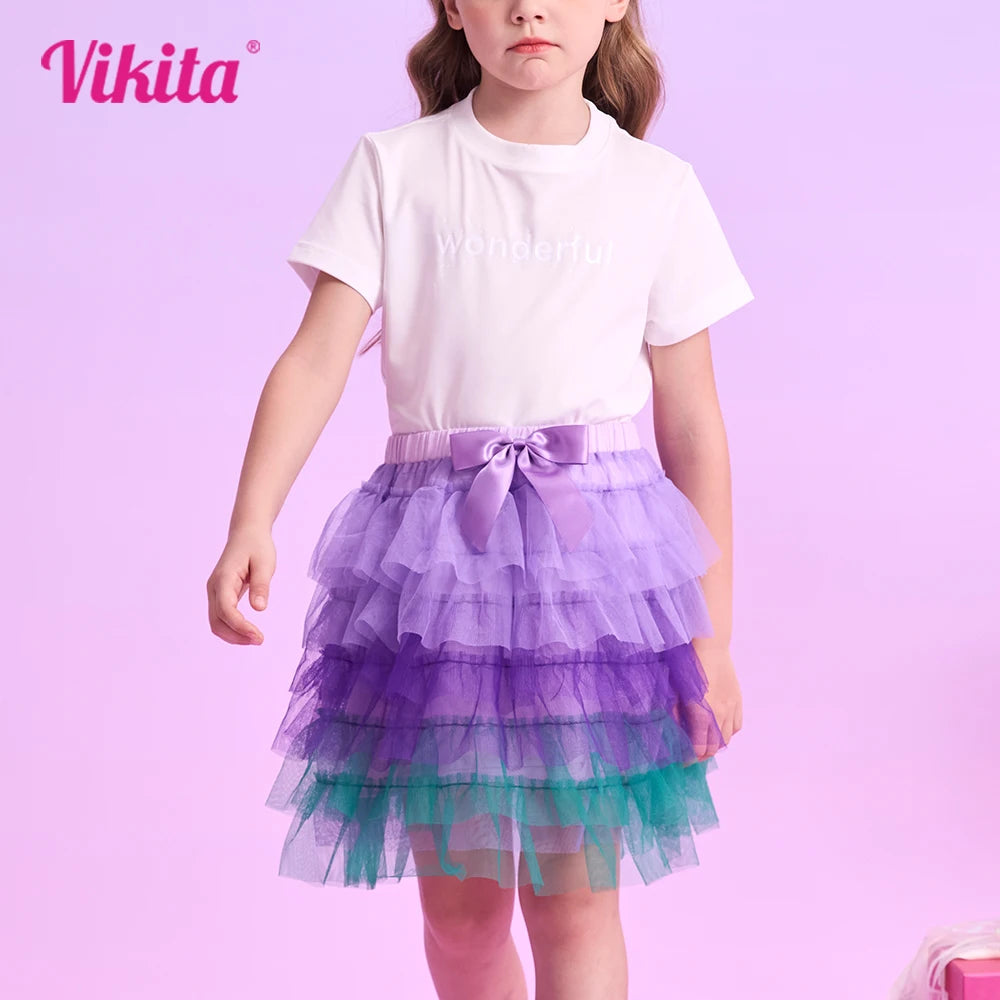 VIKITA Kids Mesh Tulle Layered Cake Tutu Skirt with Bow Knot Girls Mermaid Party Performance Casual Princess Mini Skirts 3-12Y