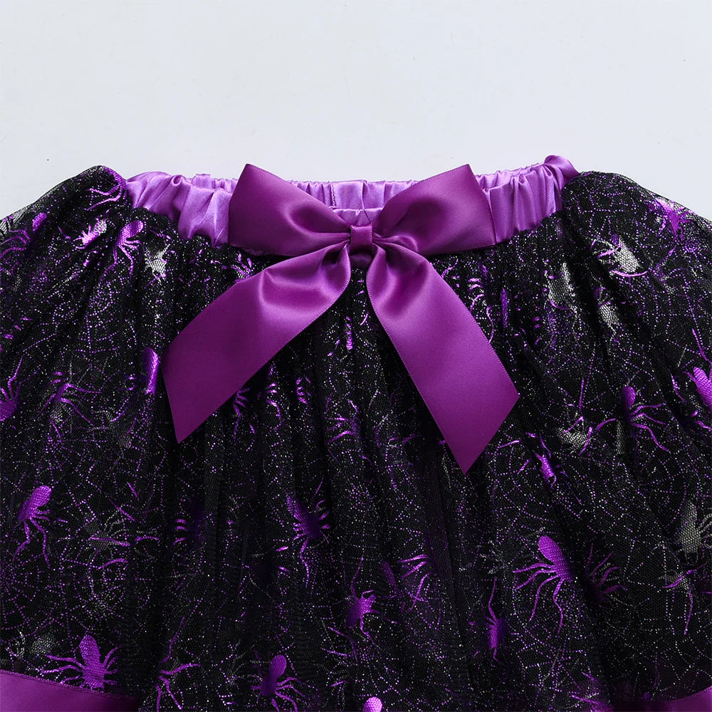VIKITA Girls Halloween Festival Cosplay Skirt Kids Cobweb Purple Mesh Tulle Ruffles Party Princess Mini Skirts Children Clothes