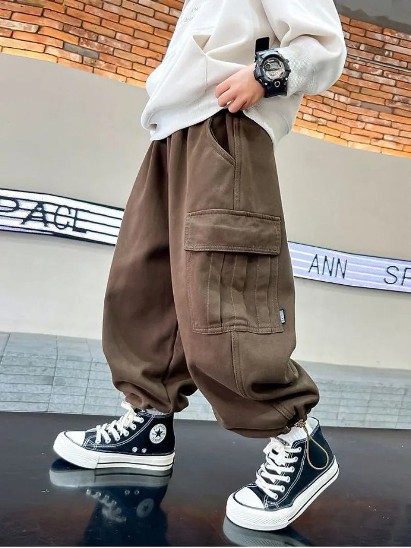 Boy's Loose Fit Tactical Cargo Pants 2025 Spring Autumn Lightweight Breathable Casual Wear with Multi-Pockets