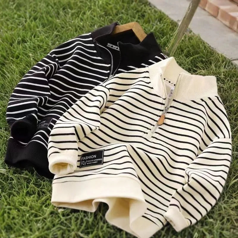 2025 New Boys' Medium-Large Lightweight Autumn Polo-Style Sweatshirt - Striped Half-Zip with Stand Collar & Lapel Top