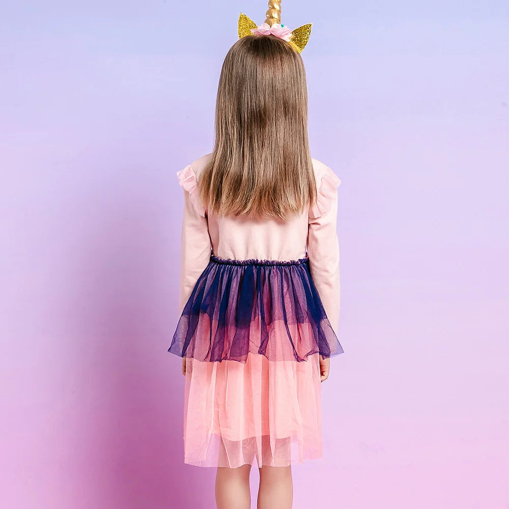 VIKITA Kids Pink Dress Girls Long Sleeve Autumn Spring Dress Kids Star Sequins Appliqued Vestidos Layered Princess Casual Wear