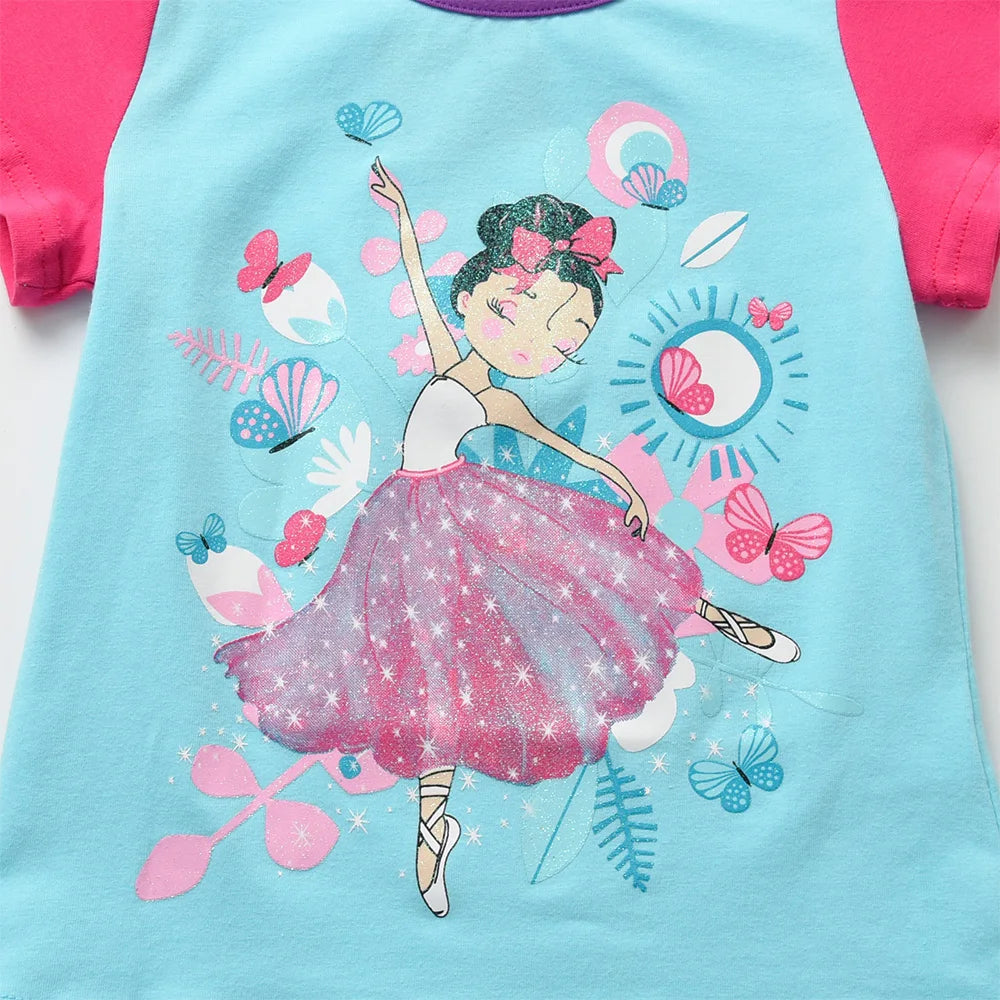 VIKITA Girls Doll Print Cartoon T Shirt Kids O Neck Cotton School Daily Tops and Tees Casual Wear Kids Summer Short Sleeve Tees