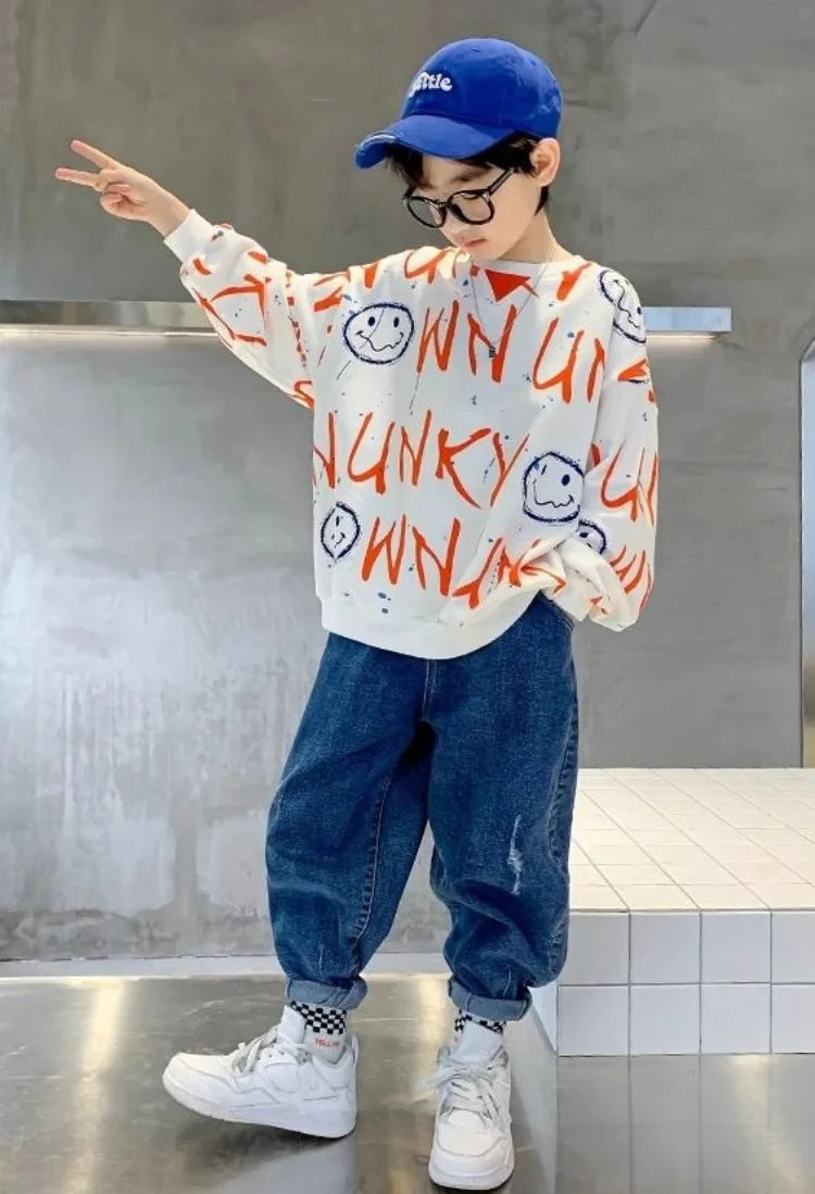 Boys' Medium-Large 2025 New Spring/Autumn No Hood Sassy Street-Style Long Sleeve Layering Top Sweatshirt