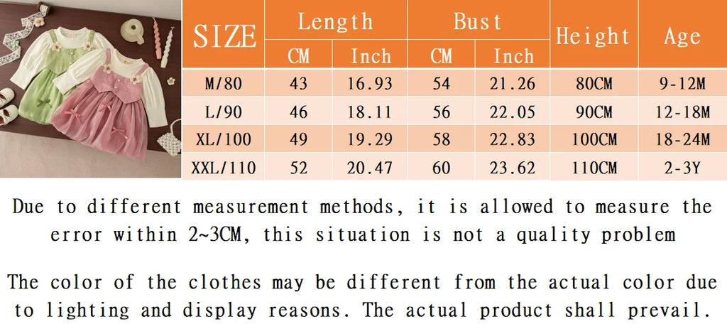 Spring And Autumn New Fake Two Piece Long Sleeve Baby Girl Dress, Sweet Bow Children'S Clothing For Babies Aged 0-3 Years