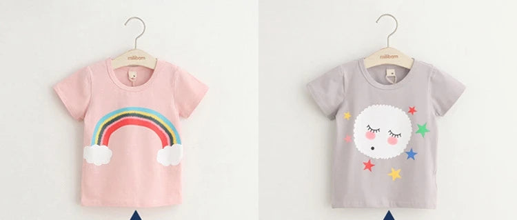 2025 Summer 2 3 4 6 8 10 Years Children Cotton Cartoon Star Bird Cat Rabbit Animal Print Short-Sleeve T-Shirt For Kids Baby Girl